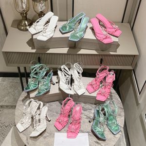 Novo design Sandálias femininas com tiras de cristal com tiras finas e enfeitadas Sandálias de dedo quadrado 2023 Sapatos femininos de salto alto fino Moda