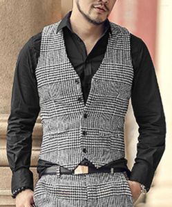 Men's Vests Mens Vest Slim Fit Formal Houndstooth Tweed Wool Plaid Casual V Neck Business Wedding Groomsmen Grey/White Waistcoat