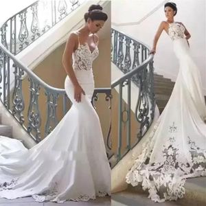 Sexy Hollow Applique Spaghetti Backless Chiffon Mermaid Wedding Dresses Illusion Open Back Satin Bridal Wedding Gown For Women318k