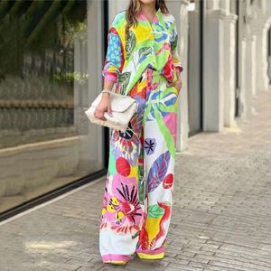 Colorful Print Two Piece Sets Tracksuits Women Outfits Casual Shirt and Wide Leg Pants Set Free Ship