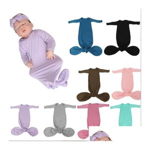 Pyjamas Born Slee Bags Kepsar Set Solid Rompers Pannband Kostym Anti Kick Klätterkläder Knuten Onesie Hemkläder Sovkläder Drop Delive Dhmyg