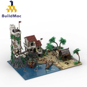 Block MOC 21322 Fortress Island Port Sauvage de förbannade strandbyggnadsblocken Set Pirates of Barracuda Bay House Bricks Children Toys L230706