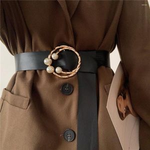 Belts Women's Belt PU Leather Pearl Decoration Bow Elegant Soft Luxury Designer Brand