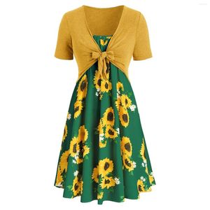 Casual Dresses Women Knot Short Mini Dress Bandage Top Suit Sunflower Petite V Neck For Cotton Maxi