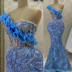 2023 ASO EBI Crystals Mermaid Prom Drees Sceengined 레이스 저녁 공식 파티 두 번째 리셉션 생일 신부 들러리 약혼 가운 드레스 Robe de Soiree ZJ688