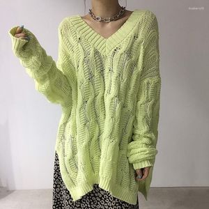 Maglioni da donna coreano chic inizio autunno retrò pigro profondo scollo a V che perde modello di clavicola design del foro maglione lavorato a maglia a maniche lunghe