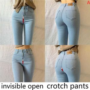 Capris OpenCrotch Pantolon Artı Boyutu Avrupa ve Amerikan Tarzı Yüksek Bel Yüksek Bel Kalçası Streç Açık Mavi Denim Pantolon Kadınlar