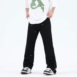 Męskie dżinsy Harajuku proste nogawki szczupłe czarne sprane dżinsowe fartuchy moda Casual Vibe zrelaksowane spodnie w jednolitym kolorze
