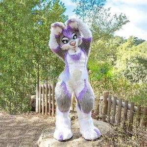 Promosyon maskotu gri husky köpek fursuit fulsuit genç kostümler çocuk tam tüylü takım elbise anime digitigrade kostüm bükülmüş bacaklar melek ejderha