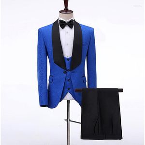 Men's Suits Men Royal Blue Pattern And Black Groom Tuxedos Shawl Satin Lapel Groomsmen Wedding Man ( Jacket Pants Vest Tie ) C722