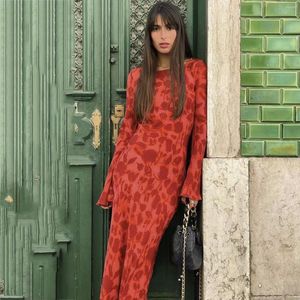 Casual Dresses Fall Long Sleeve Maxi Dress for Women 2023 Fashion Bodycon Slim Chiffon Red Print Party Elegant Vestidos SS