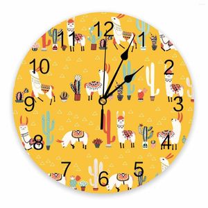 Wall Clocks Cartoon Cactus Lama Alpaca Mexico Kawaii Decorative Round Clock Custom Design Non Ticking Silent Bedrooms Large