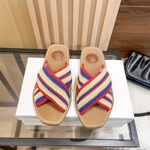 Designer-Slipper, Plateau-Slipper, Slipper-Slipper, neues Netz, Rot, Buchstaben-Stil, Wollband, gewebt, quadratische Zehenpartie, farblich passende Flip-Flops, Hausschuhe mit flachem Boden, Strandsandalen