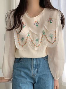 Women's Blouses Shirts Casual Woman Korean Chic Women French Temperament Layered Wave Doll Collar Flower Embroidery Shawl Top Female