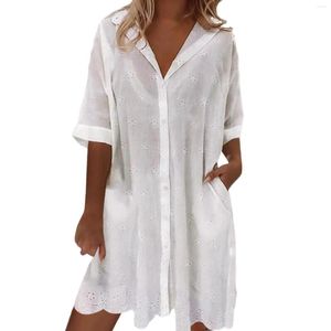 Casual Dresses White Cotton Shirt For Women 2023 Summer Short Sleeve Crochet Lace Loose Boho Dress Pockets Women's