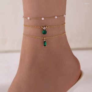 Anklets Elegant Green Crystal Stone Pendant Foot Bracelet For Women's Charm Rice Bead Anklet Adjustable Party Jewelry Accessory