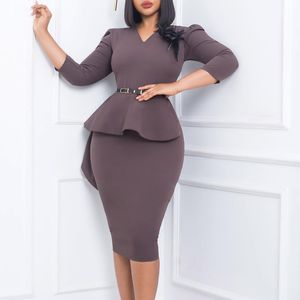 Miejskie Seksowne Sukienki Eleganckie Wzburzyć Asymetryczna Praca Midi Sukienka Kobiety Solidny Dekolt 3/4 Rękaw Bodycon Party Biznes Ołówek Średnie Sukienki z Paskiem 230706