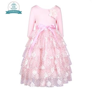 Vestidos de menina Flofallzique manga comprida meninas com decoração de flores e cinto de laço outono inverno casual doce roupas infantis fofas