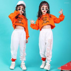 Bühnenkleidung Kinder Hip Hop Kleidung Orange abgeschnitten Hoodie T-Shirt Sweatshirt Freizeithosen Mädchen Jazz Dance Hiphop Performance Kleidung