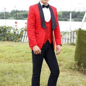 Men's Suits Est Groomsmen Red And Black Groom Tuxedos Shawl Lapel Men Wedding Man ( Jacket Pants Bow Tie Vest ) C665