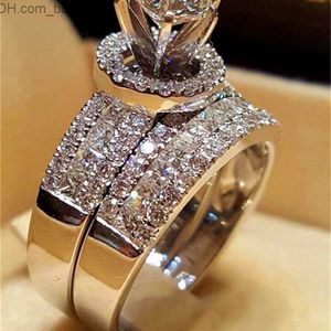 Cluster Rings Cluster Rings Luxury Crystal Female Big Queen Set Fashion Silver Color Bridal Wedding For Women Promise Love Engagement 230420 Z230710