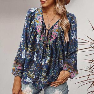 Suits 2023 Bohemian Fashion Floral Blue Women Casual Long Puff Sleeve V Neck Shirt Zanzea Vintage Holiday Party Chemise Ordized