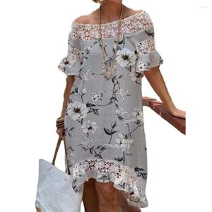 Casual Dresses Midi Ress Women Lace Off Shoulder Flower Print Short Sleeves Ruffle Boat Neck Knee Length Hollow Out See-through Party Dress