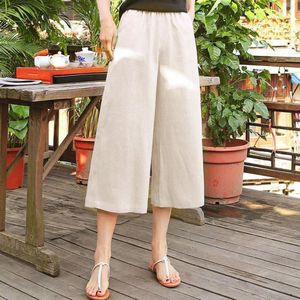 Women's Pants Cotton Linen Loose Drawstring Wide-Leg High Waist Trousers Women Solid Pocket Stretch Straight Cropped