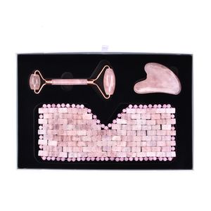 Övriga hälsa Skönhetsartiklar Rosenkvarts Ansiktsrulle Gouache Scraper Ögonmask Set Massager Gua Sha Relax Tool Naturlig Jade Kroppsmassage 230706