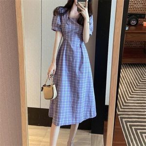 Casual Dresses Women Summer Style Dress Lady Short Puff Sleeve Square Collar Plaid Printed Split A-Line Vestidos SS255