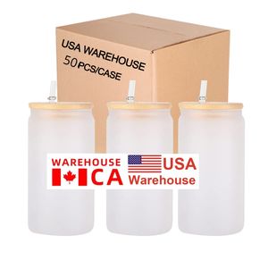 USA CA Stock 16oz Sublimation Clear Frosted Tumblers Can Shaped Beer Glass Cups with bamboo lid and Plastic straw for iced coffee soda JY07