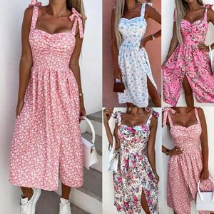 Casual Dresses Midi Dress For Women Summer Strappy Tank Boho Floral Beach Party Loose A-Line Swing Lace Up Sun Female