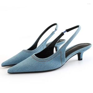 Dress Shoes TRAF Women Summer Denim Kitten Heel Pumps Fashion Pointed Toe Heeled Slingbacks Office Lady Heels Female Casual Blue Stiletto