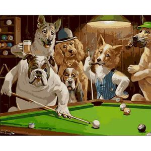 Cross-Stitch Animal Diy Oil Painting by Numbers Dogs Play Billiards Picture by Numbers Adults on Canvas Coloring by Numbers Kits Home Decor