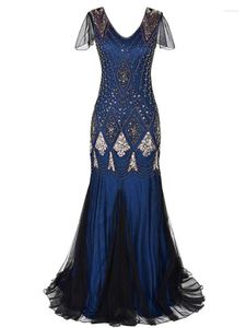 Lässige Kleider Damen 1920er Gatsby Kleid 20er Jahre Vintage V-Ausschnitt Pailletten Perlen Maxi Cocktail Party Flapper Mesh Abendkleid Lang Elegant