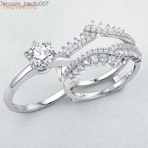 Alianças de casamento alianças de casamento she 2 pçs conjunto de prata esterlina 925 para mulheres anel de noivado solitário destacável faixa protetora AAAAA zircão BR0910 Z230710