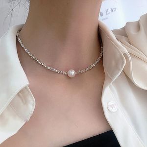 Choker Light Luxury Silver Color Pearl Necklace For Women Clavicle Box Chain Kpop Small Fresh Jewelry 2023 Versatile Summer