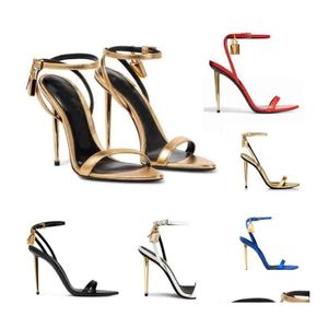 Sandals Luxury Sandal Woman High Heels Tom-F-Sandal Shiny Genuine Leather Padlock Pointy Toe Naked Sandalies 105Mm Gold Ankle Strap Dh8Cu