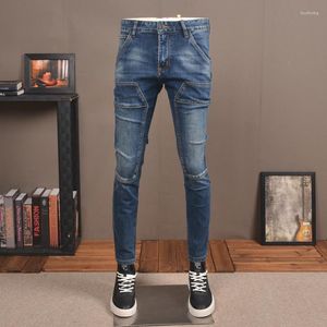 Męskie dżinsy projektant mody mężczyźni Retro niebieski Slim Fit łączone Biker Homme łatany hip-hopowe spodnie jeansowe Cargo spodnie ze streczem