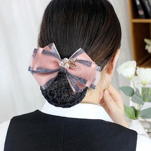 Grampo de cabelo de fio de rede gradiente de três pérolas para mulheres Headwear Strass Crochet Bun Net Snood Presilhas de malha Bowknot Mola Clipes