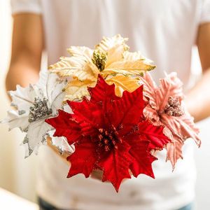 Fiori decorativi 15pcs 14cm / 22cm Fiore di Natale con stelo Decorazioni per albero di Natale in oro artificiale di alta qualità