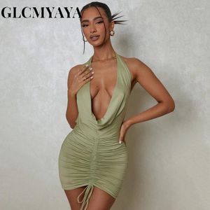 Sukienki na co dzień GLCMYAYA moda damska solidna szyja sznurowana sukienka z marszczeniami 2023 sznurowany kołnierz stos Backless Sexy Party Slim