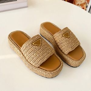 Slippers Black Natural Crochet Fabric Flatform Sandals Slippers Woven Platform Mule Womens Casual Chunky Bottom Slide Summer Beach Flip Flops Rubber Sole