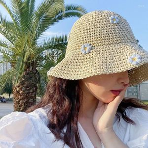 Breite Krempe Hüte Sommer Eimer Hut Frauen 3D Floral Sonnencreme Stroh Häkeln Outdoor Faltbare Sonnenkappe Damen Urlaub Am Meer Strand