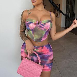 Two Piece Dress Women 2 Pieces Outfits Floral Print Camisoles Sleeveless Backless Sling Tank Tops High Waist Mini Skirts Set