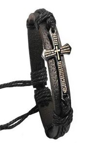 Promotion Cross Bible Charm Braided Bracelet Urban Jewelry Handmade Black Genuine Leather Adjustable Wristband Retro Jewelry Whole1398902