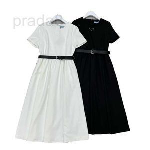 Vestidos casuais básicos designer 2023 verão feminino triângulo com cinto letras patchwork senhoras cintura alta vestido camisa vestido abd1