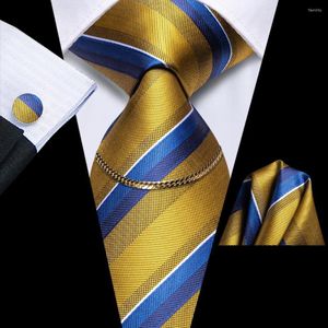 Bow Ties 2023 Yellow Blue Striped Luxury Silk Men Tie Fashion Necktie Chain Hanky Cufflink Gift For Wedding Hi-Tie Design Wholesale