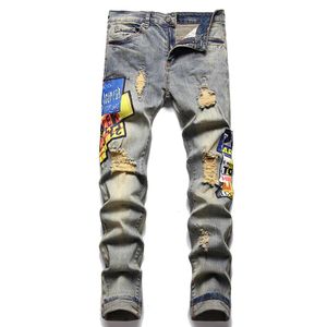 Jeans da uomo blu retrò Summer Street Pantaloni con foro strappato Stampa Patch Pantalones Para Hombre Vaqueros220J