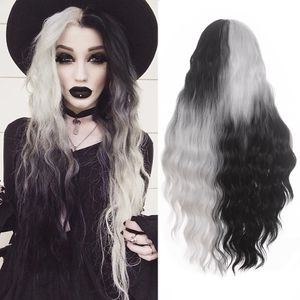 Peruca de cosplay preto branco cacheado midlle perucas de festa longo cabelo sintético halloween